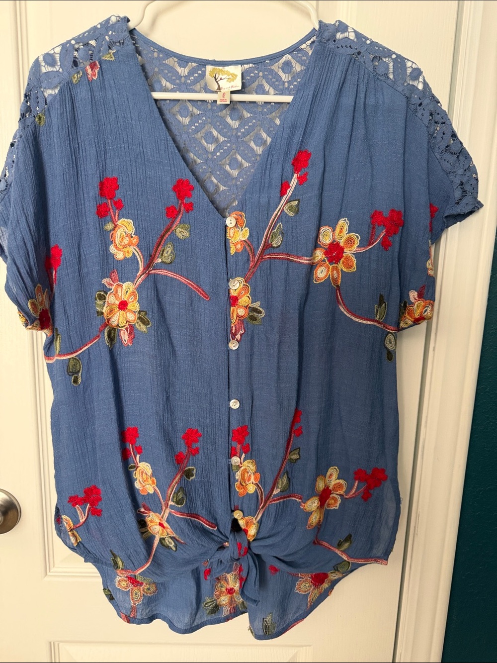 fig and flower Blue Floral Embroidered V-Neck Button Front Top